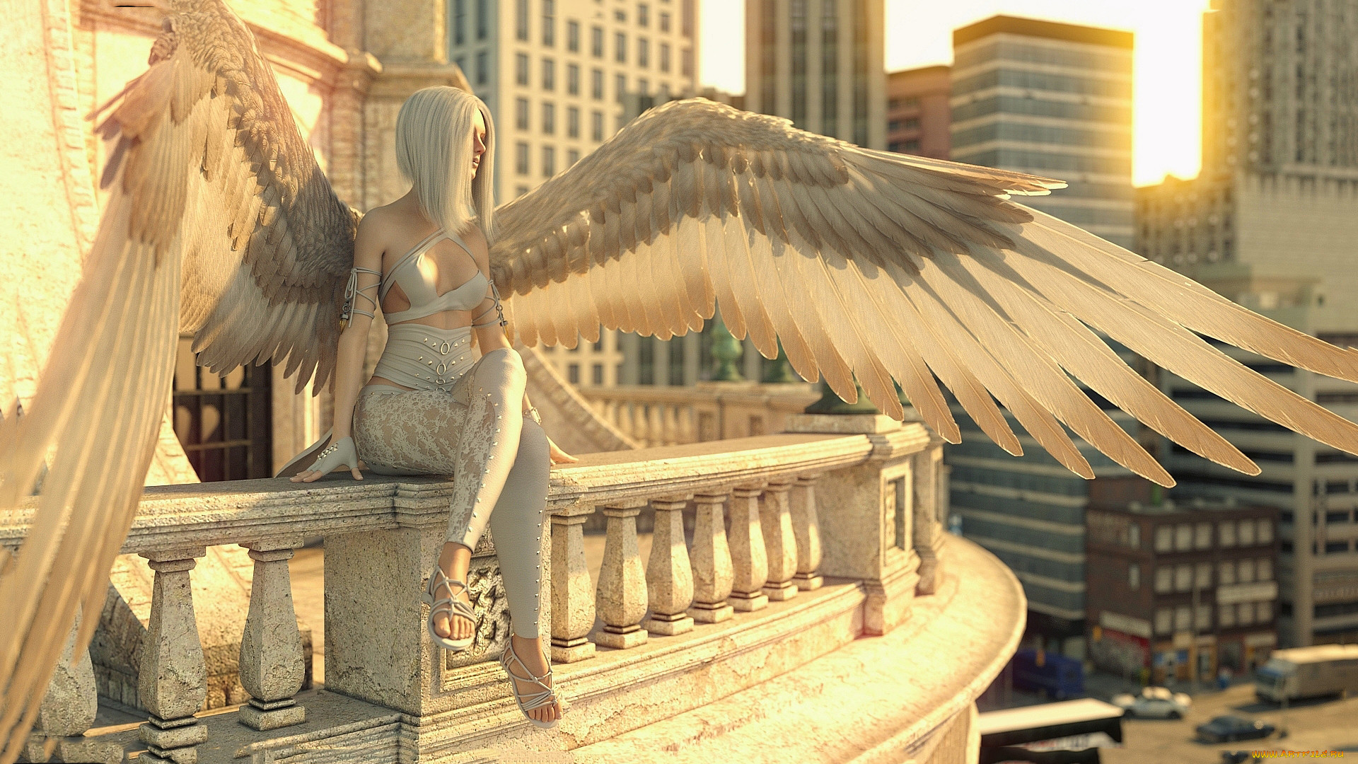3д графика, ангел , angel, фон, девушка, крылья, балкон.